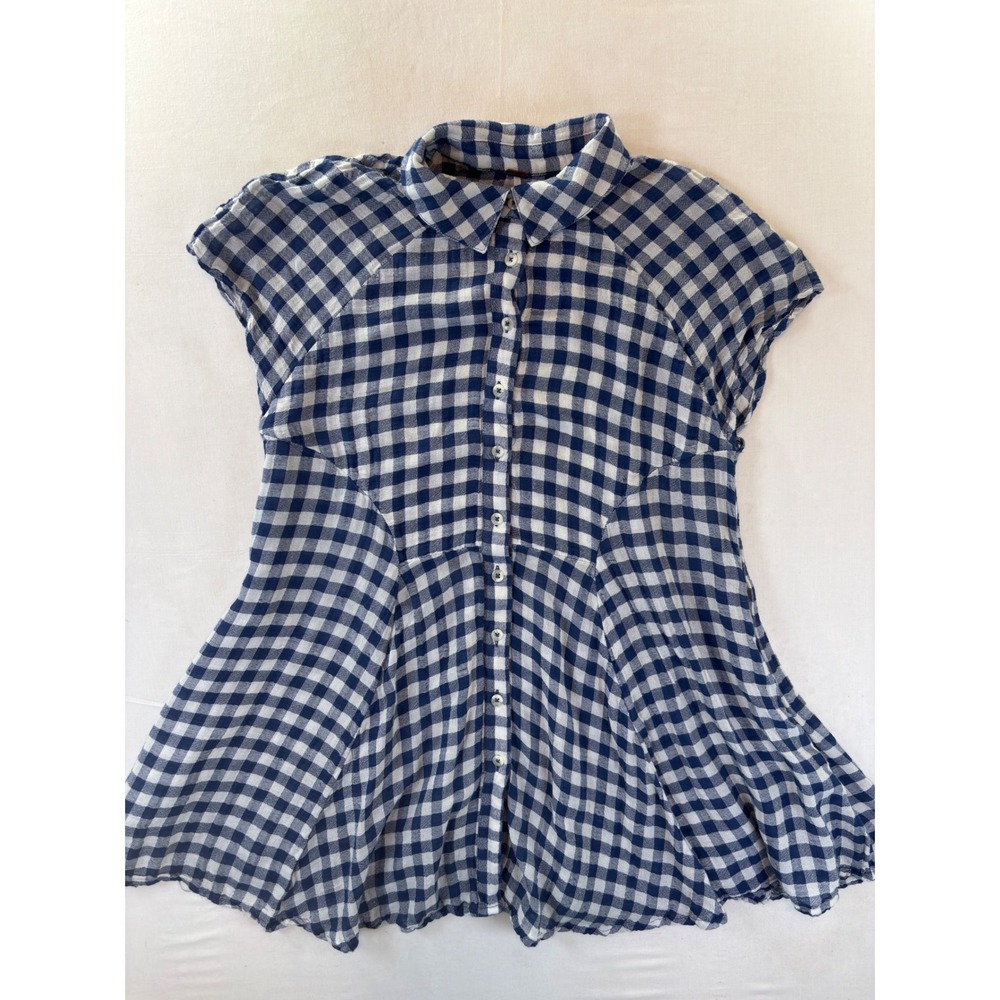 Free People Navy Blue White Gingham Plaid Babydoll Button Down Top Small
